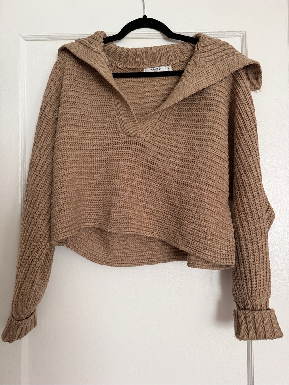 NA-KD Tan Cropped Knit Hoodie Sweater